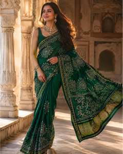 Emerald <b>Green</b> <b>Silk</b> Saree With Gold Embroidery Traditional Indian Wedding Wear For Women Floor-Length Regular Fit - Product Image 3