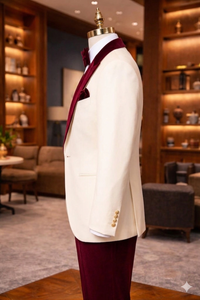 Costume de smoking 3 pièces pour homme, velours bordeaux, veste blanche, double boutonnage, tenue de cérémonie - Product Image 5