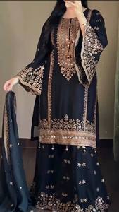 Conjunto indio-pakistaní negro bordado para mujer, kurta larga hasta el suelo, palazzo, dupatta, atuendo de fiesta - Product Image 4