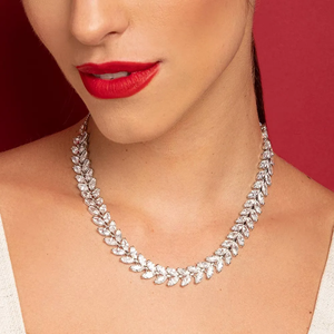 Women's <b>Silver</b> Plated Marquise Cut Cubic Zirconia Leaf <b>Choker</b> Necklace Romantic Wedding Jewelry Snake Chain Design - Product Image 3