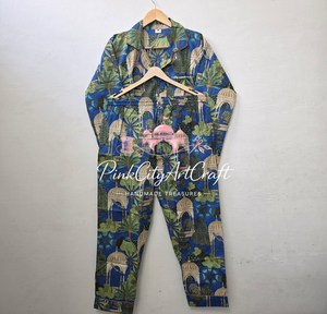 Handmade Summer Cotton Pajama Set for Women Comfortable Long Sleeve Button-<b>Down</b> Top Matching Trousers Breathable Eco-Friendly - Product Image 2