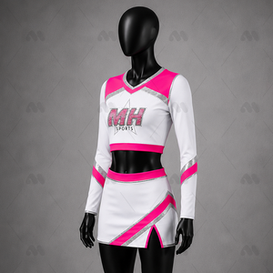 Uniforme de Animadoras Personalizado de Manga Larga en Poliéster, Vestido de Animadoras para Niñas, Impresión por Transferencia de Calor, Blanco, Rosa, Plateado, con Pedrería, para Equipo - Product Image 2