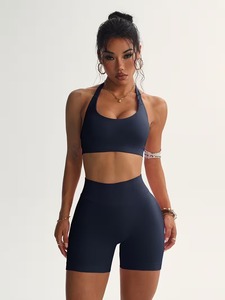 <b>Women</b> Two Piece Fitness Set Scoop Neck Halterneck Tank <b>Top</b> and High Waisted Butt Lifting Slimming <b>Compression</b> Gym Shorts - Product Image 1