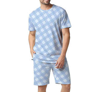 Conjunto de Camiseta y Pantalones Cortos de Punto Sólido Transpirable para Hombre, Azul Claro, Verano, Dos Piezas, Ropa Casual Urbana, Venta al Por Mayor OEM - Product Image 5