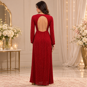 Women Red <b>Sequin</b> Maxi Dress Long Sleeve V Neck Wrap Style Elegant Sparkle Evening Gown Party Wedding Formal Cocktail Occasion - Product Image 3
