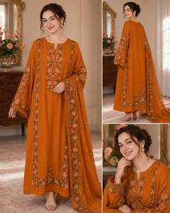 Élégant Salwar Kameez en velours de soie beige avec broderie florale, longueur cheville, coupe classique, robe de mariage traditionnelle pour femme, Inde - Product Image 2