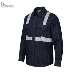 Chemise de travail de sécurité en denim foncé personnalisée OEM, 100% coton, avec deux poches à rabat sur la poitrine, coutures argentées, bande réfléchissante - Product Image 2