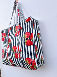 Bohemian <b>White</b> And Blue Stripped Cotton Tote <b>Bag</b> With Red Strawberry Print Summer Casual Zipper Shopping Travel Handbag - Product Image 2