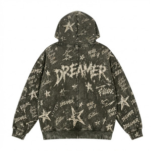 Sudadera con Capucha Vintage para Hombre, Lavado Ácido, Manga Larga, Estampado de Letras y Estrellas, Estilo Urbano, 100% Algodón - Product Image 2