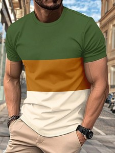 Men's Color Blocked Short Sleeve T-Shirt Regular Fit O-Neck Casual Cotton Jersey Fabric Letter Print Custom <b>Logo</b> Regular Length - Product Image 3