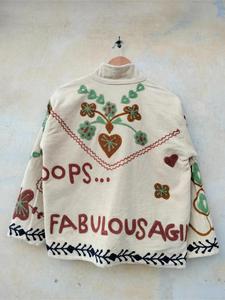Handmade <b>White</b> Velvet Embroidered <b>Jacket</b> With Floral Pattern Full Sleeve Stand Collar Handmade <b>Women's</b> Winter Outerwear - Product Image 5