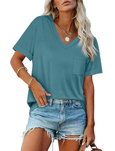 Camisetas Personalizadas Bordadas para Mujer, Cuello en V, Manga Corta, Algodón Transpirable, Casual, Lisas, para Verano - Product Image 4