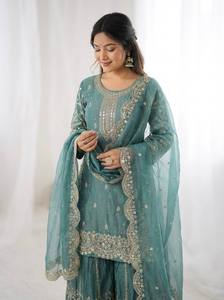 Costume palazzo ethnique pour femmes avec bordure en dentelle et dupatta - Product Image 4