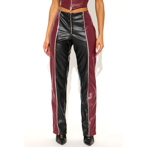Pantalon en cuir bicolore bordeaux et noir tendance, pantalon taille haute pour femme avec fermeture éclair et empiècements rayés en similicuir PU, tenue de club sexy - Product Image 1