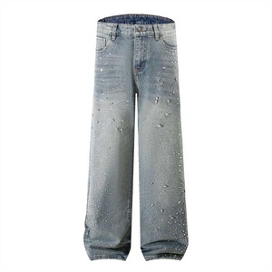 Jean en denim clouté de strass, coupe droite ample, style streetwear, vente en gros, OEM, jean entièrement clouté tendance - Product Image 6