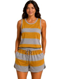 Ensemble de pyjama en satin pour femmes, rayé jaune moutarde et gris, débardeur sans manches avec short à cordon, tenue de nuit de luxe - Product Image 1