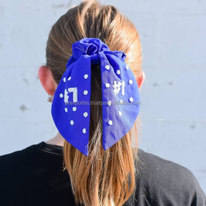 Bufanda ajustable respetuosa con el medio ambiente azul bordada #1 Scrunchie con cuentas Cheer Team Hair Tie Sports Spirit Hair Bow Girls Gift - Product Image 3