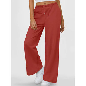 Pantalon de survêtement rouge pour femme, coupe large, taille mi-haute, avec cordon de serrage, ample, couleur unie, en coton, décontracté, longueur intégrale, style automne - Product Image 1