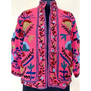 SHYAM EXPORT Veste courte en toile de coton rose brodée à la main pour l'automne et l'hiver, col mandarin, motif floral, manches longues, pull-over - Product Image 4
