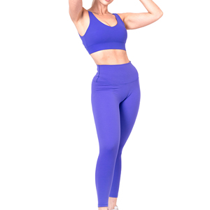 Ensemble de yoga violet : Leggings taille haute et crop top dos nageur à col rond, sans couture, deux pièces, longueur intégrale, couleur unie, en Spandex et Polyester - Product Image 1