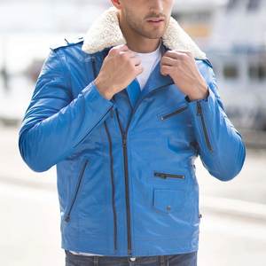 Veste en cuir bleue personnalisée avec logo pour hommes, fermeture éclair, streetwear, haute qualité, respirante, pour l'hiver. - Product Image 5