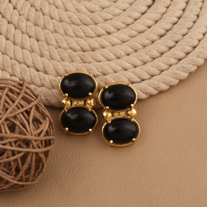 <b>Black</b> Onyx Studs Gold Plated <b>Earrings</b> Oval Shape Cabochon Gemstone Statement Jewelry Wholesaler - Product Image 4