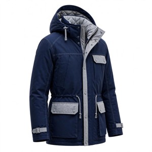 <b>Men's</b> Royal Blue Solid Front Logo Hooded <b>Long</b> Puffer <b>Jacket</b> Waterproof Autumn Zipper Closure Polyester Fleece Lining - Product Image 3