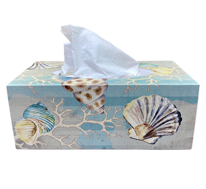 Caja de pañuelos decorativa de madera con estampado de conchas marinas para el hogar, la oficina y el coche, dispensador elegante de servilletas para mesa. - Product Image 1