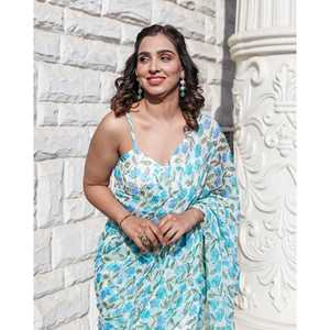 Sari en Georgette et Chiffon Bleu Floral, Doux et Résistant, Toutes Saisons, Élégant, Imprimé avec des Volants - Product Image 3