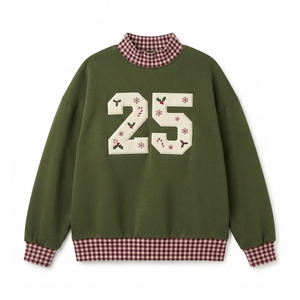 Women's Green Winter Knitted Plaid Embroidered Sweatshirt with <b>Red</b> <b>Gingham</b> Trim Mock Neck Casual - Product Image 5