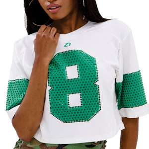 Women’s Rhinestone Number Graphic Crop Jersey Custom Mesh <b>Patchwork</b> Streetwear Oversized Fashion Tee American Football Jersey - Product Image 5