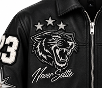 Blouson en cuir pour homme, design avec patch brodé, col rabattable, fermeture éclair, style moto d'hiver, blouson bomber noir