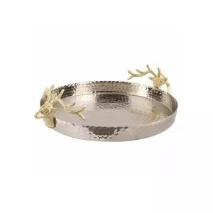<b>Gold</b> Hammered Metal <b>Serving</b> Storage <b>Tray</b> With Floral Handles Table Centerpiece Decoration Food <b>Serving</b> Platter For Wedding Decor - Product Image 3