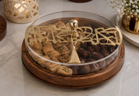 Plat de service rond en bois avec couvercle transparent, calligraphie arabe décorative, plateau alimentaire de table, accessoire de décoration pour la maison