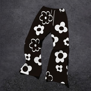 Men's Black Floral Print Flare Pants Elastic Waist Drawstring Casual Style Midweight Knitted <b>Trousers</b> - Product Image 1