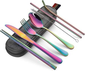 Rainbow Stainless Steel Cutlery Set with Spoon Fork Knife Chopsticks Travel Case <b>Mirror</b> Polish Durable Modern Design - Product Image 1