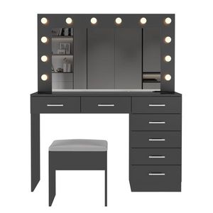 Large Lighted 12 LED <b>Mirror</b> Makeup Vanity Desk Set with 7 Drawers Glass Top Vanity <b>Table</b> with Power Outlet - Product Image 4