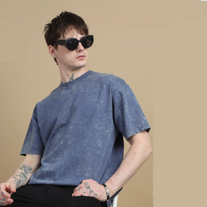 เสื้อยืดโอเวอร์ไซส์สีน้ำเงินฟอกกรด ผู้ชาย ผ้าฝ้าย 100% เนื้อหนา สตรีทแวร์ ทรงหลวม ไหล่ตก คอกลม เสื้อยืดลำลอง - Product Image 2