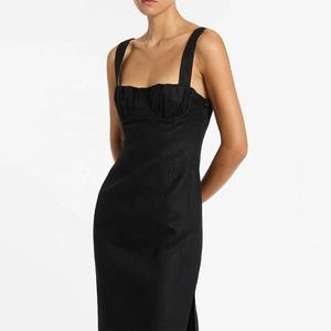 Satin Silk Women Clothing Wholesale Square Collar Elegant Straight Maxi Dress Strap Sexy High Split Sleeveless Party Solid - Product Image 4