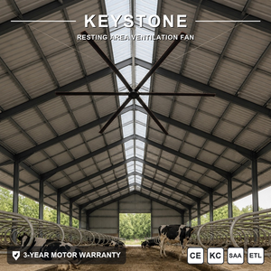 พัดลมเพดานขนาดใหญ่ Keystone Big HVLS สำหรับควบคุมสภาพอากาศในฟาร์มปศุสัตว์ ช่วยลดความเครียดจากความร้อนในฤดูร้อนสำหรับวัวให้นมในพื้นที่พักผ่อน - Product Image 1