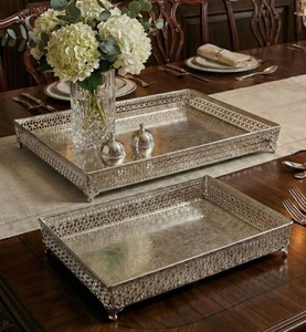 Handmade Luxury <b>Silver</b> Iron Decorative Serving Tray Rectangular Metal Ottoman Tray Handcrafted <b>Coffee</b> <b>Table</b> Display Tray - Product Image 1