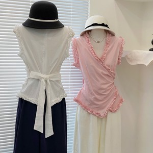 เสื้อคลุมคอวีแขนกุดแบบลำลอง OEM ลายเรียบ แต่งระบายผูกเอว ผ้าฝ้าย 100% เสื้อฤดูร้อนสำหรับผู้หญิง - Product Image 2
