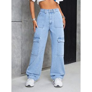 Pantalon cargo en denim ample à taille haute respirant pour femme, style rétro funky vintage bleu glace, multi-poches, taille 26-40 - Product Image 6