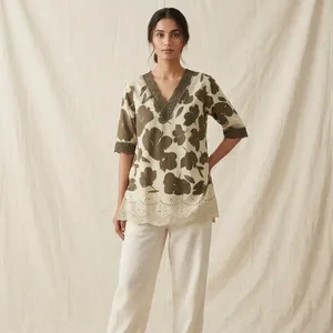 Women Cotton Kurta Floral Printed V Neck 3/4 Sleeve <b>Embroidered</b> Hem Casual Indian Ethnic <b>Tunic</b> Top - Product Image 4