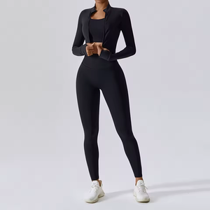 Conjunto de yoga de 2 piezas para mujer: Chaqueta corta con cremallera de un cuarto y leggings sin costuras de cintura alta, color negro liso - Product Image 1