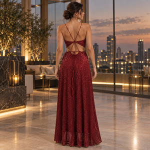 Glamuroso Vestido de Noche con Lentejuelas Color Granate Oscuro |   Vestido sin mangas con cuello en V profundo, aberturas, tirantes con lazo y falda larga fluida - Product Image 4