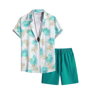 Chemise boutonnée à manches courtes pour hommes, blanc, vert sarcelle, motif feuilles tropicales, short assorti, ensemble 2 pièces, tenue de plage hawaïenne décontractée - Product Image 1