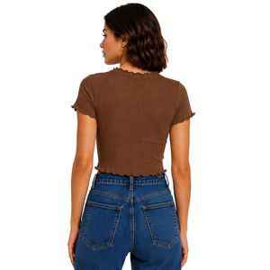 Top Corto Personalizado Marrón con Nervaduras para Mujer, Manga Corta, Cuello Redondo con Volantes, Algodón y Spandex, Ajuste Delgado, Camiseta Casual de Verano, OEM Personalizado - Product Image 2