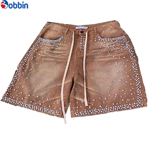 Pantalones Cortos Vaqueros Acampanados con Pedrería para Hombre, Personalizados, de Alta Calidad, Estilo Urbano, con Parches Bordados Desgastados - Product Image 4