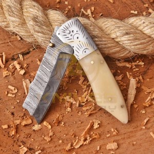 Wholesale Damascus Steel Folding Pocket <b>Knife</b> Natural <b>Bone</b> <b>Handle</b> Hunting Camping Survival EDC <b>Knife</b> with Leather Sheath - Product Image 2